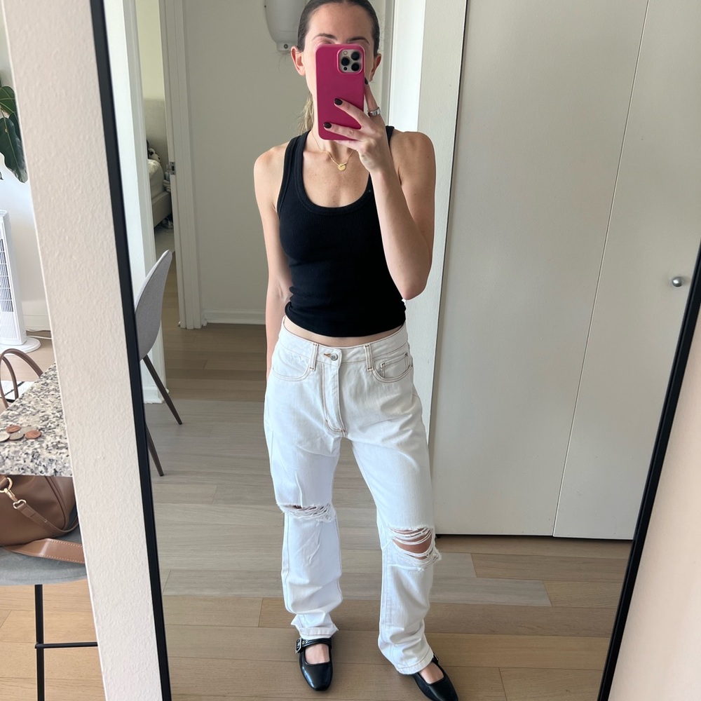 WeWoreWhat Cream Jeans with Brown Stitching